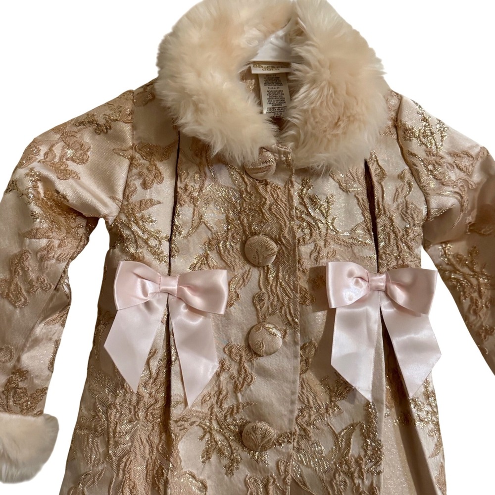 Blueberi Gold Toddler Girl Coat Dress 3T Gold Brocade Faux Fur Collar Holiday - Picture 4 of 9